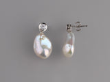 Sterling Silver Earrings with 12-12.5mm Baroque Shape Freshwater Pearl and Cubic Zirconia