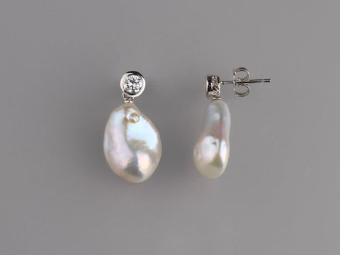 Sterling Silver Earrings with 12-12.5mm Baroque Shape Freshwater Pearl and Cubic Zirconia