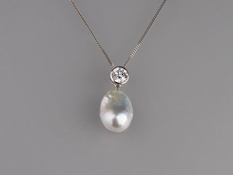 Sterling Silver Pendant with 12-12.5mm Baroque Shape Freshwater Pearl and Cubic Zirconia