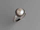 White and Black Plated Silver Ring with 9-9.5mm Button Shape Freshwater Pearl