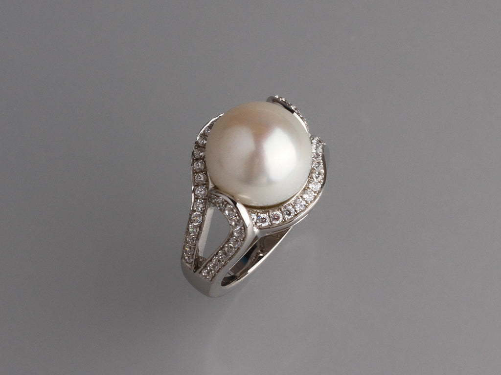 Sterling Silver Ring with 12-12.5mm Button Shape Freshwater Pearl and Cubic Zirconia