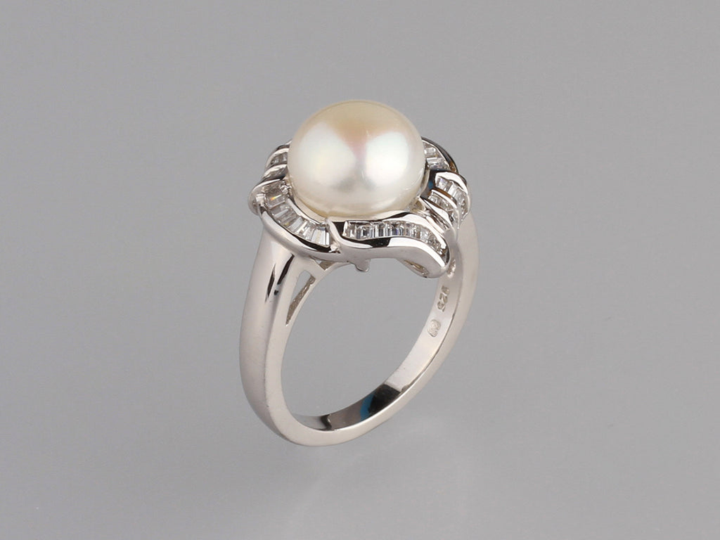 Sterling Silver Ring with 9.5-10mm Button Shape Freshwater Pearl and Cubic Zirconia