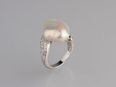 Sterling Silver Ring with 14.5-15mm Baroque Shape Freshwater Pearl and Cubic Zirconia