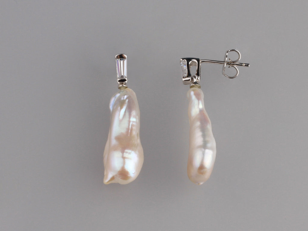 Sterling Silver Earrings with 8.5-9.5mm Baroque Shape Freshwater Pearl and Cubic Zirconia