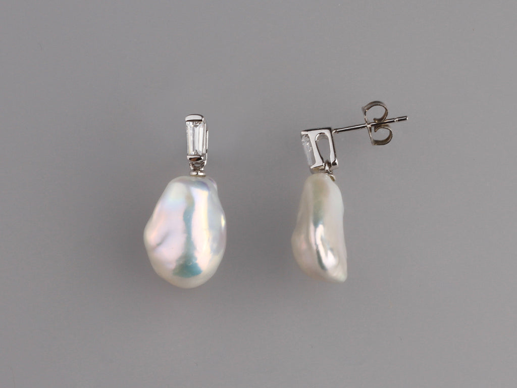 Sterling Silver Earrings with 11-12mm Baroque Shape Freshwater Pearl and Cubic Zirconia