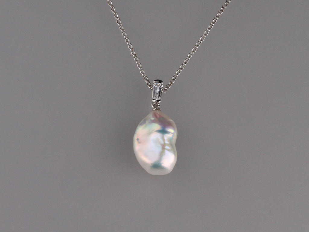 Sterling Silver Pendant with 8.5-9mm Baroque Shape Freshwater Pearl and Cubic Zirconia