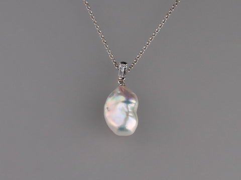 Sterling Silver Pendant with 8.5-9mm Baroque Shape Freshwater Pearl and Cubic Zirconia