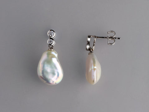 Sterling Silver Earrings with 11-12mm Baroque Shape Freshwater Pearl and Cubic Zirconia