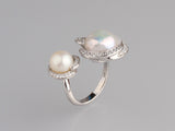 Sterling Silver Ring with 8.5-13.5mm Button and Baroque Shape Freshwater Pearl with Cubic Zirconia