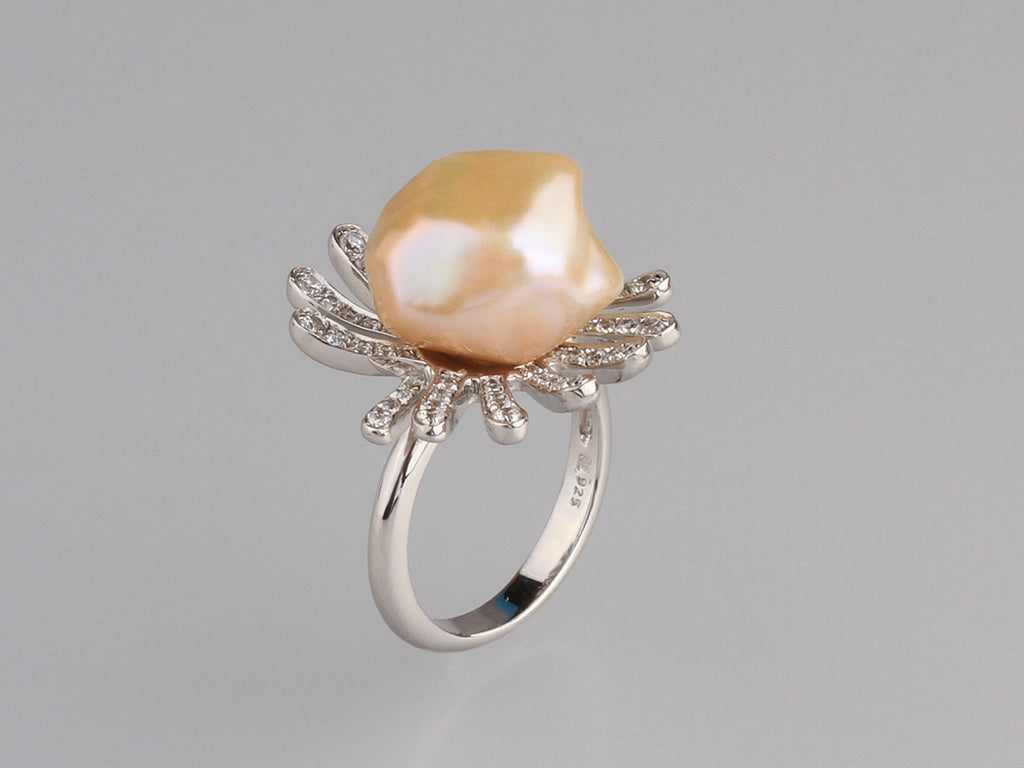 Sterling Silver Ring with 12-12.5mm Baroque Shape Freshwater Pearl and Cubic Zirconia