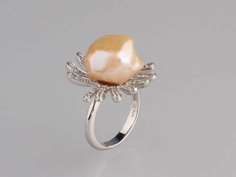 Sterling Silver Ring with 12-12.5mm Baroque Shape Freshwater Pearl and Cubic Zirconia