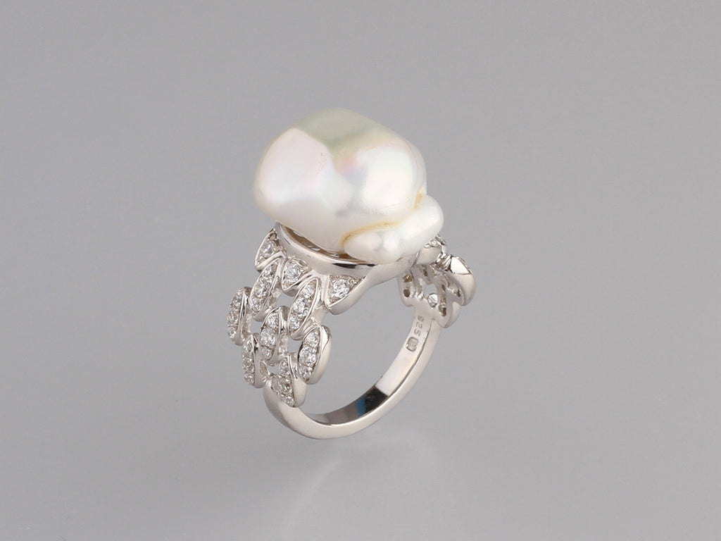 Sterling Silver Ring with 14-15mm Baroque Shape Freshwater Pearl and Cubic Zirconia
