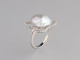 Sterling Silver Ring with 13.5-14mm Baroque Shape Freshwater Pearl and Cubic Zirconia