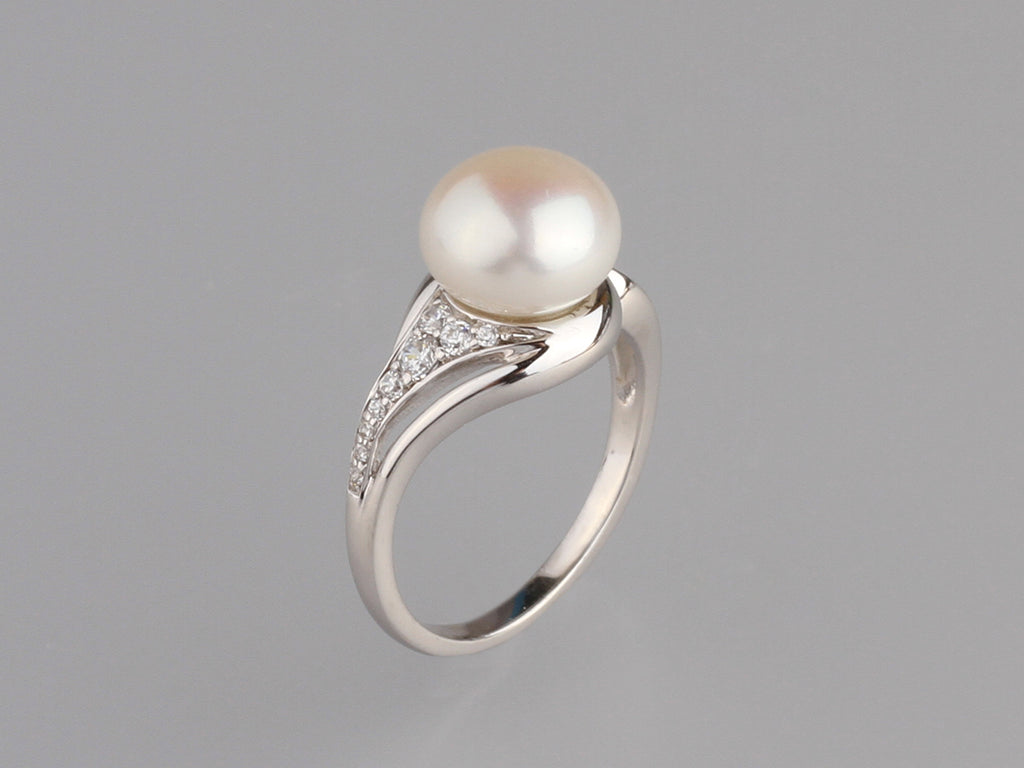 Sterling Silver Ring with 9.5-10mm Button Shape Freshwater Pearl and Cubic Zirconia