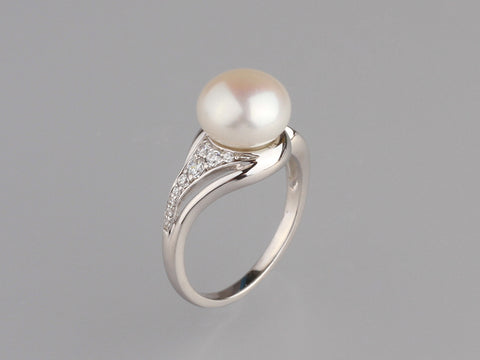 Sterling Silver Ring with 9.5-10mm Button Shape Freshwater Pearl and Cubic Zirconia