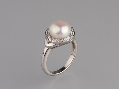 Sterling Silver Ring with 9.5-10mm Button Shape Freshwater Pearl and Cubic Zirconia