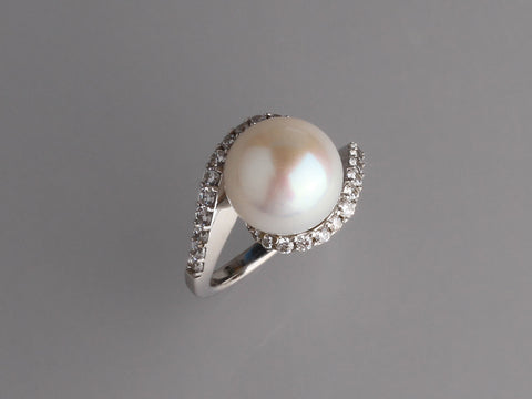 Sterling Silver Ring with 11.5-12mm Button Shape Freshwater Pearl and Cubic Zirconia