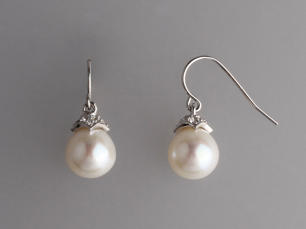 Sterling Silver Earrings with 9.5-10mm Drop Shape Freshwater Pearl and Cubic Zirconia