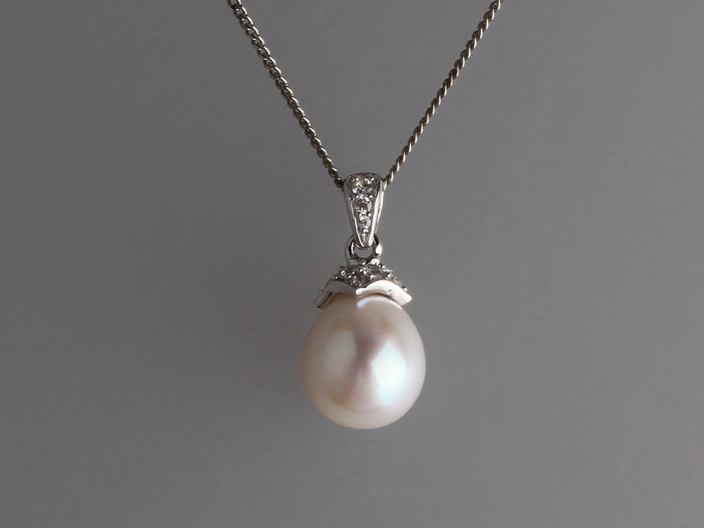 Sterling Silver Pendant with 9.5-10mm Drop Shape Freshwater Pearl and Cubic Zirconia