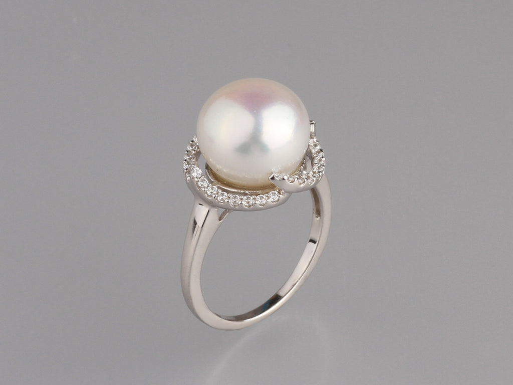 Sterling Silver Ring with 12-12.5mm Button Shape Freshwater Pearl and Cubic Zirconia