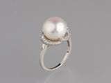 Sterling Silver Ring with 12-12.5mm Button Shape Freshwater Pearl and Cubic Zirconia