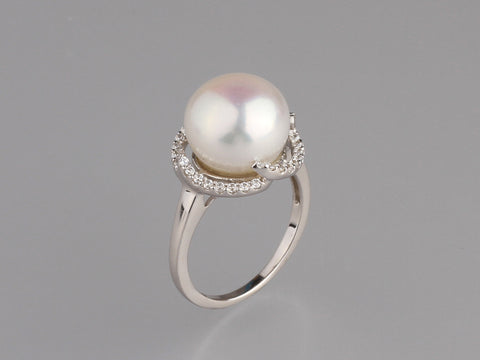 Sterling Silver Ring with 12-12.5mm Button Shape Freshwater Pearl and Cubic Zirconia