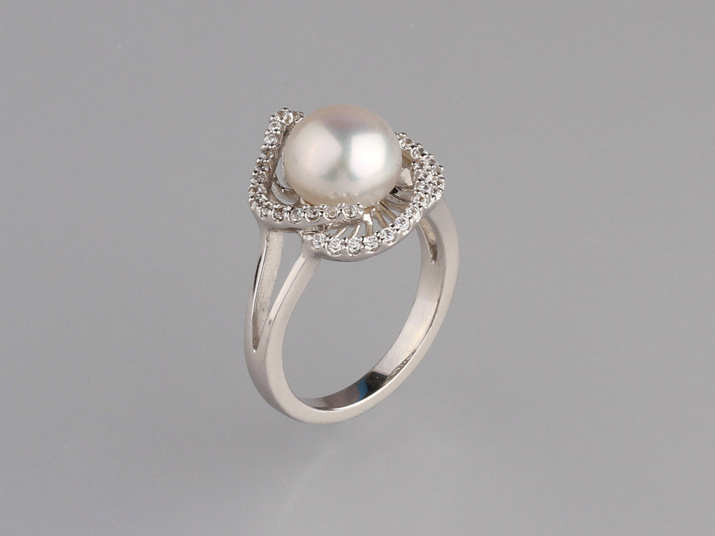 Sterling Silver Ring with 9-9.5mm Button Shape Freshwater Pearl and Cubic Zirconia