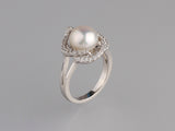 Sterling Silver Ring with 9-9.5mm Button Shape Freshwater Pearl and Cubic Zirconia