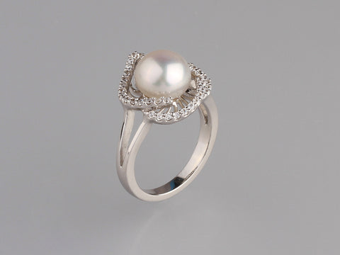 Sterling Silver Ring with 9-9.5mm Button Shape Freshwater Pearl and Cubic Zirconia