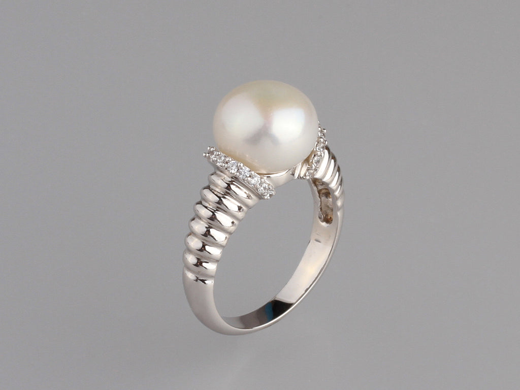 Sterling Silver Ring with 10.5-11mm Button Shape Freshwater Pearl and Cubic Zirconia