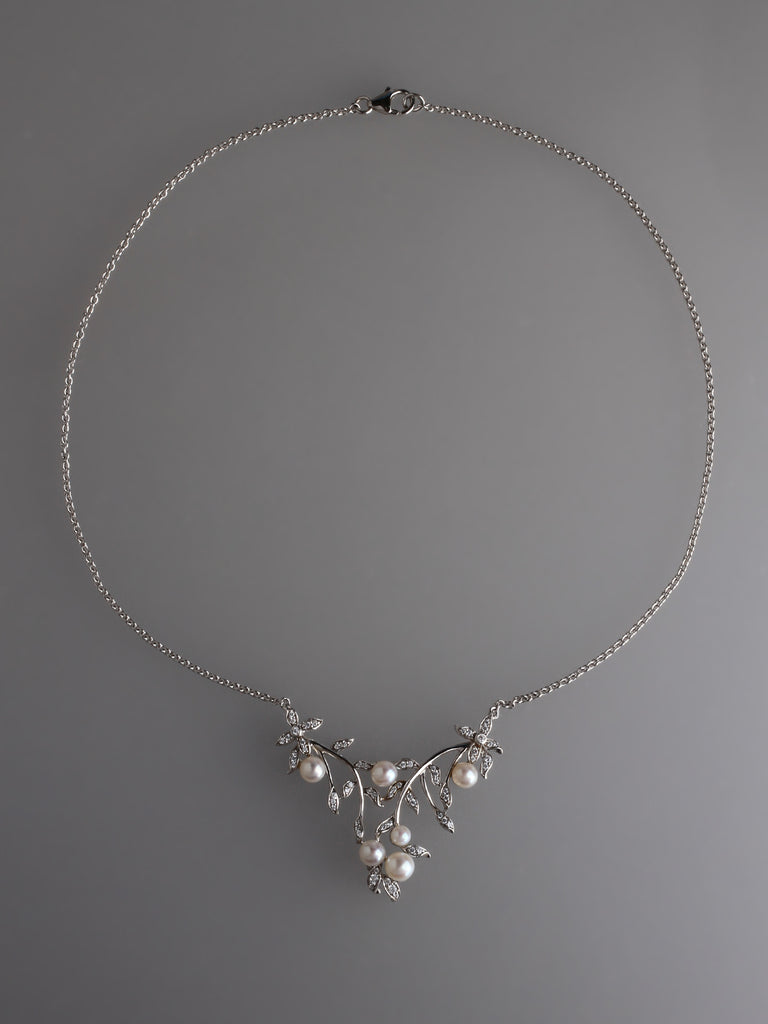 Sterling Silver Necklace with Button Shape Freshwater Pearl and Cubic Zirconia