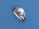 Sterling Silver Ring with 9-9.5mm Button Shape Freshwater Pearl and Cubic Zirconia