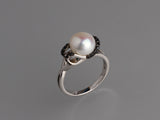 Sterling Silver Ring with 9-9.5mm Button Shape Freshwater Pearl and Black Spinel