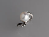 Sterling Silver Ring with 10-10.5mm Button Shape Freshwater Pearl and Black Spinel