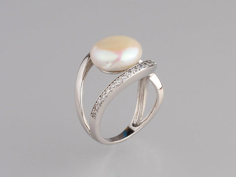 Sterling Silver Ring with 11.5-12mm Button Shape Freshwater Pearl and Cubic Zirconia