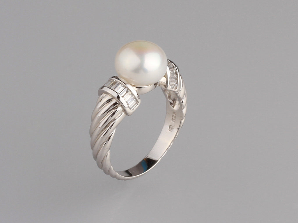 Sterling Silver Ring with 9-9.5mm Button Shape Freshwater Pearl and Cubic Zirconia