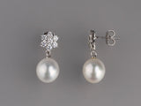 Sterling Silver Earrings with 9.5-10mm Drop Shape Freshwater Pearl and Cubic Zirconia