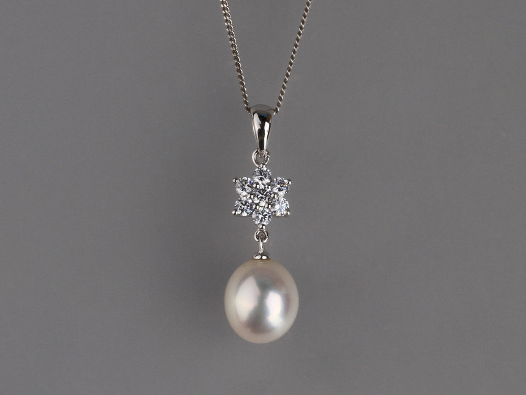 Sterling Silver Pendant with 9.5-10mm Drop Shape Freshwater Pearl and Cubic Zirconia