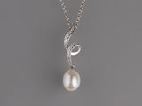 Sterling Silver Pendant with 9.5-10mm Drop Shape Freshwater Pearl and Cubic Zirconia