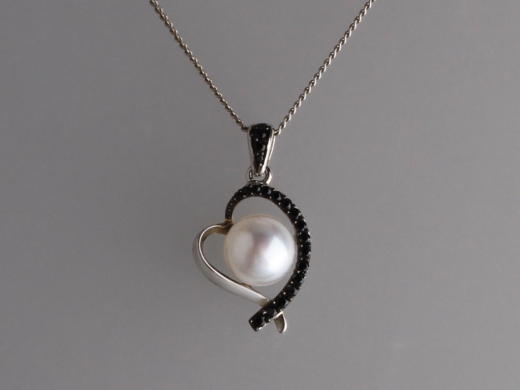 Sterling Silver Pendant with 8-8.5mm Button Shape Freshwater Pearl and Black Spinel