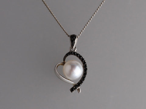 Sterling Silver Pendant with 8-8.5mm Button Shape Freshwater Pearl and Black Spinel