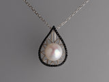 Sterling Silver Pendant 11.5-12mm Button Shape Freshwater Pearl and Black Spinel