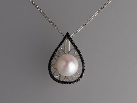 Sterling Silver Pendant 11.5-12mm Button Shape Freshwater Pearl and Black Spinel
