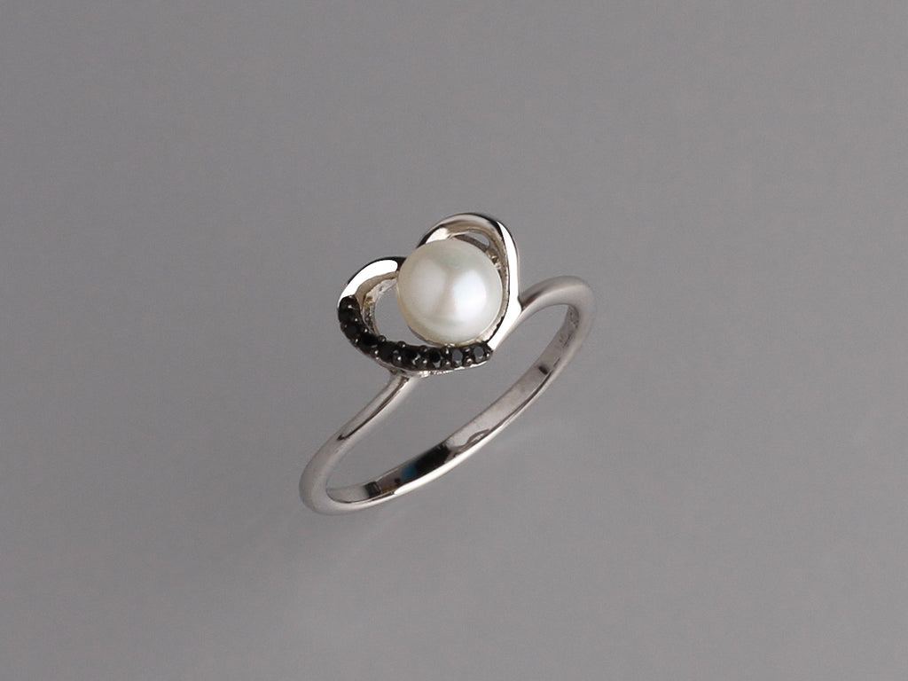 Sterling Silver Ring with 5.5-6mm Button Shape Freshwater Pearl and Black Spinel