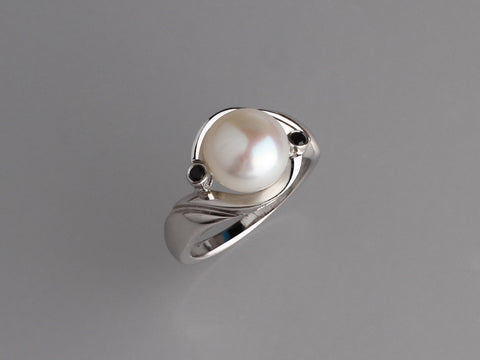 Sterling Silver Ring with 9.5-10mm Button Shape Freshwater Pearl and Black Spinel