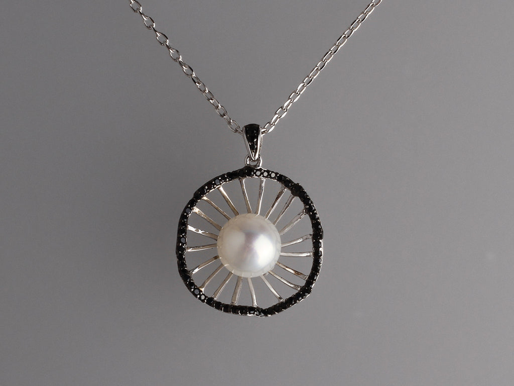 Sterling Silver Pendant with 9.5-10mm Button Shape Freshwater Pearl and Black Spinel