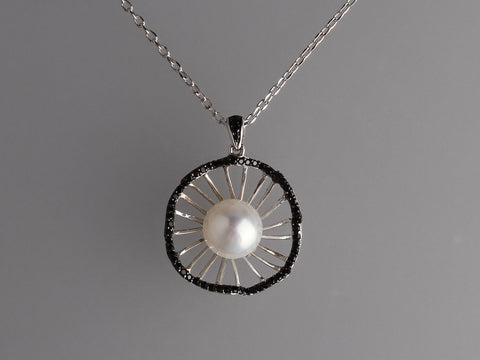 Sterling Silver Pendant with 9.5-10mm Button Shape Freshwater Pearl and Black Spinel