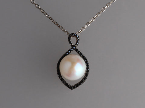 Sterling Silver Pendant with 11.5-12mm Button Shape Freshwater Pearl and Black Spinel