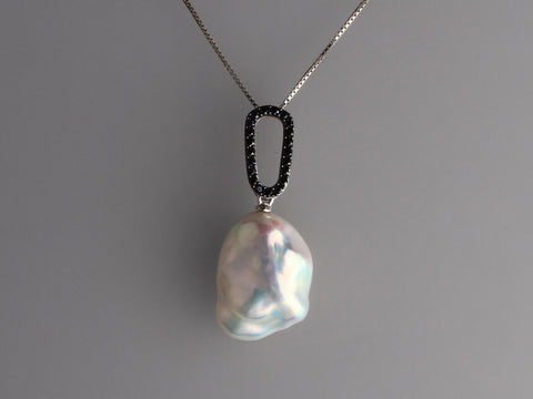 Sterling Silver Pendant with 14-15mm Baroque Shape Freshwater Pearl and Black Spinel
