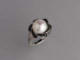 Sterling Silver Ring with 9.5-10mm Button Shape Freshwater Pearl and Black Spinel